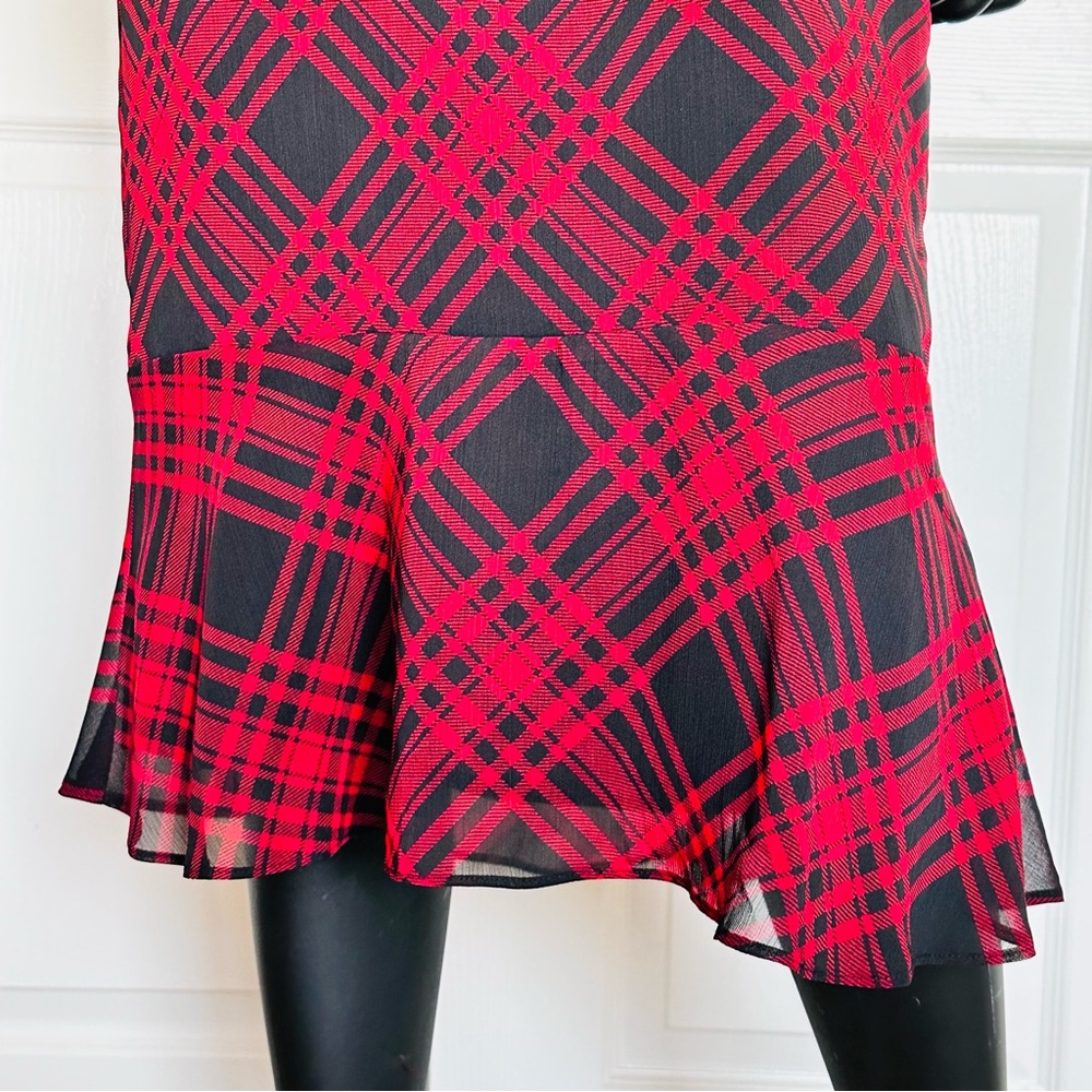 Ralph Lauren red plaid chiffon dress belted flatter short sleeve size 2 - Picture 4 of 14